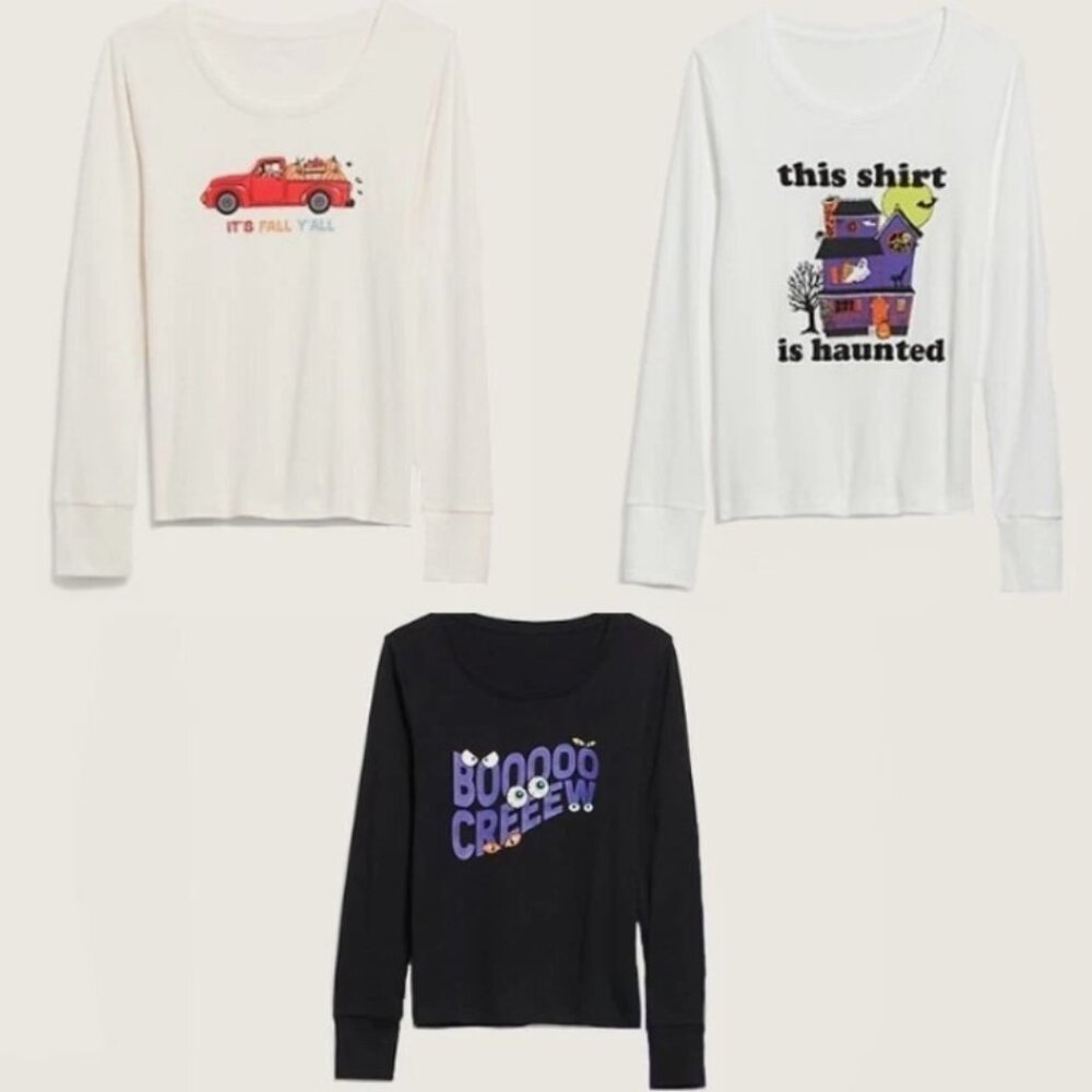 Old Navy Halloween & Fall Graphic Long Sleeve Shirts Set of 3 Women Medium NWT